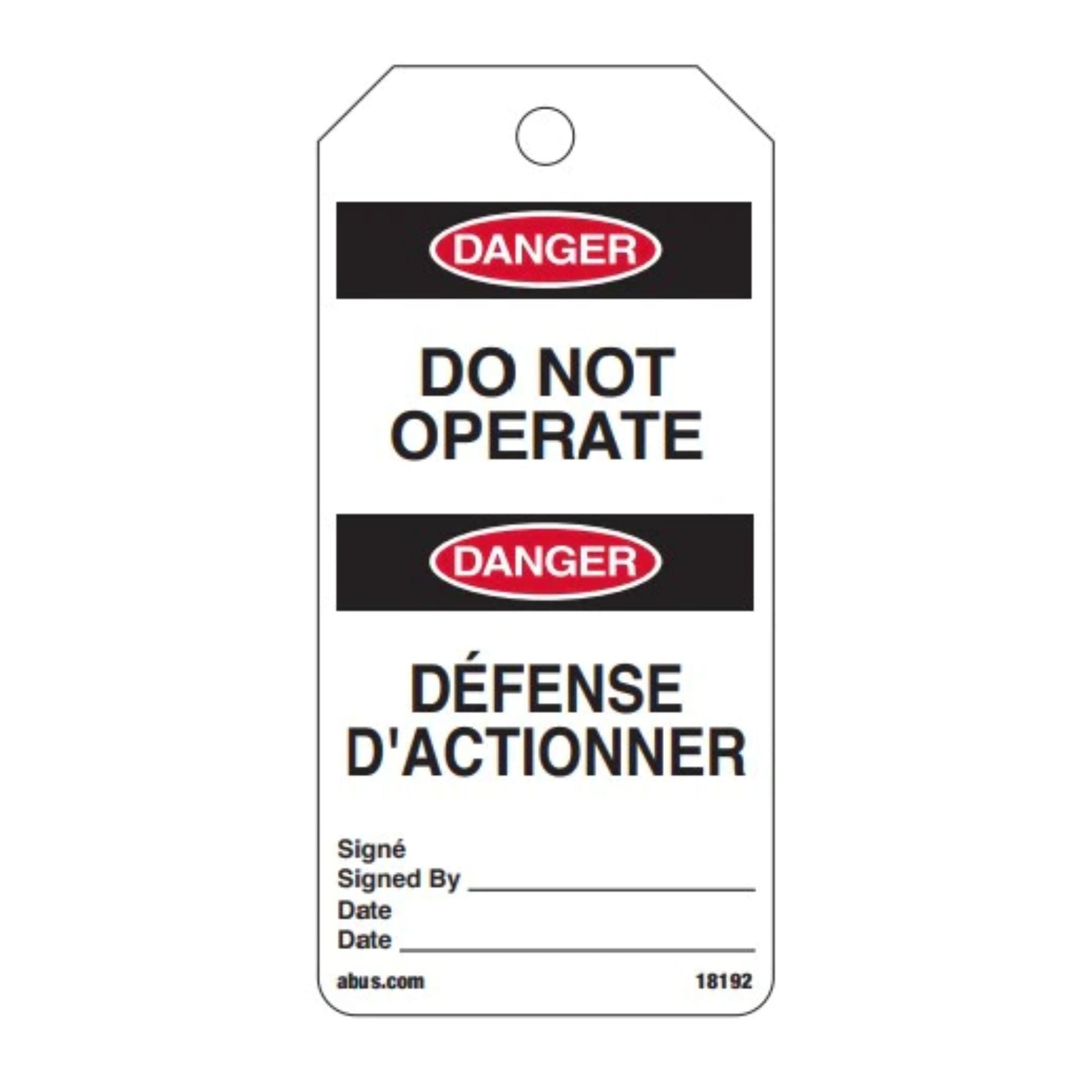 Abus 18192 Tags On A Roll White DO NOT OPERATE Safety Tags English & French Language Rolls of 100 - The Lock Source