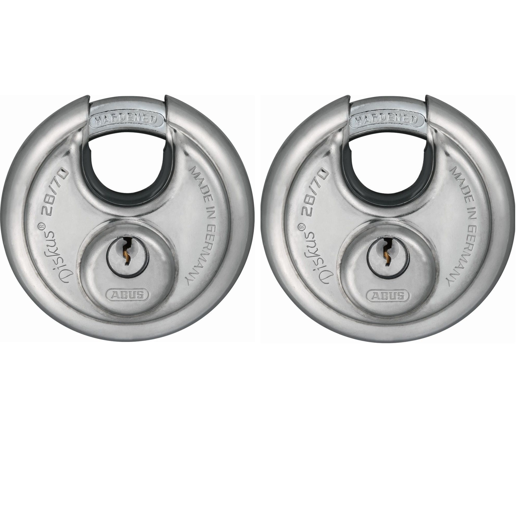 Abus 28/70 KAx2 Diskus Lock Keyed Alike in Set-of-2 Hardened Steel Disk Padlocks - The Lock Source