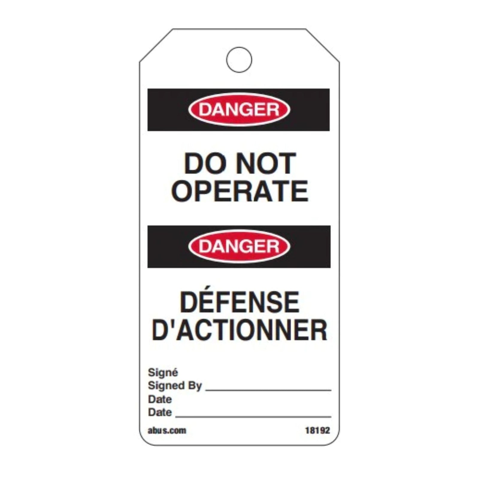 Abus 18192 Tags On A Roll White DO NOT OPERATE Safety Tags English & French Language Rolls of 100 - The Lock Source