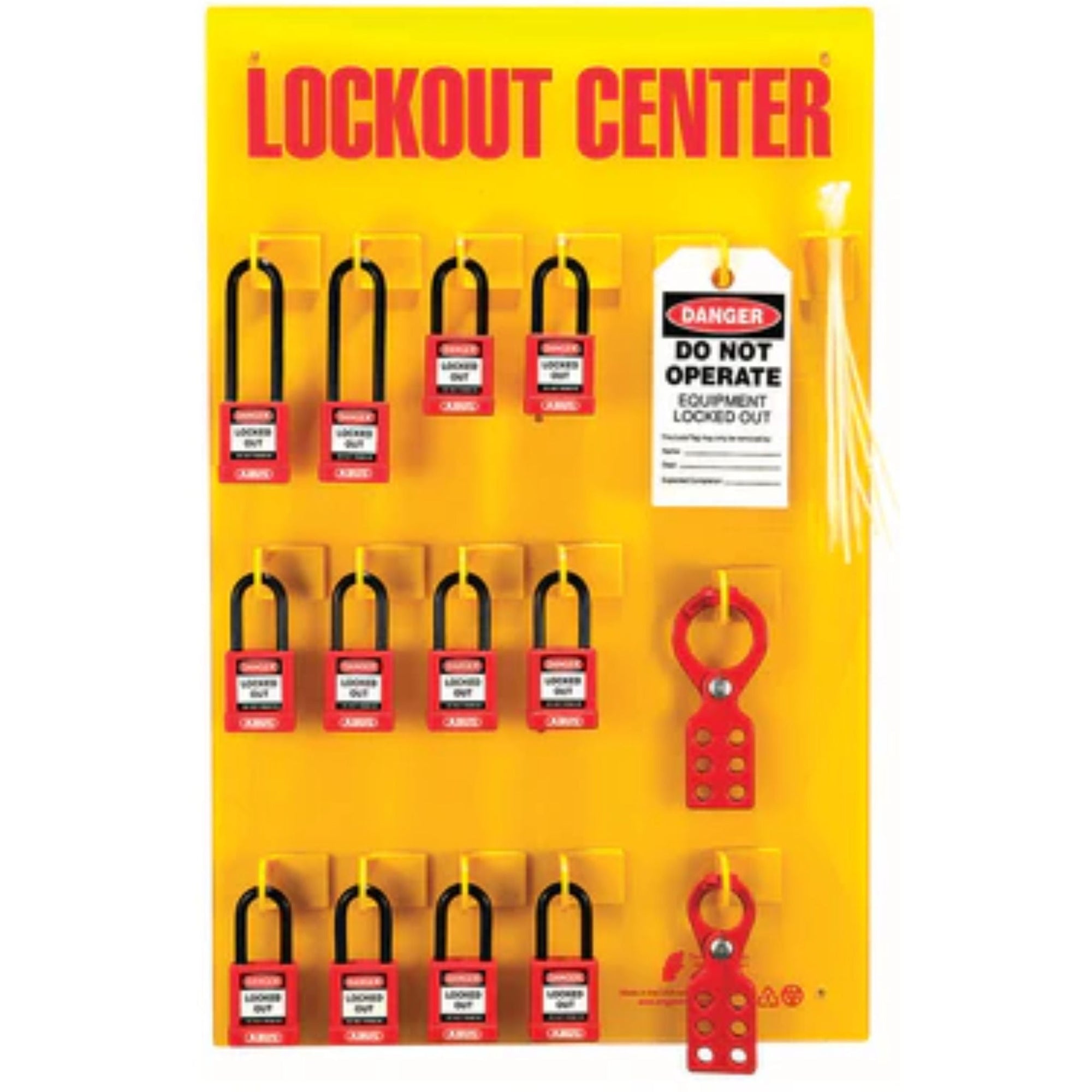 Abus K984 (71150) Large Lockout Board Includes 12 Locks, 2 Hasps & 10 Tags for LOTO Compliance - The Lock Source