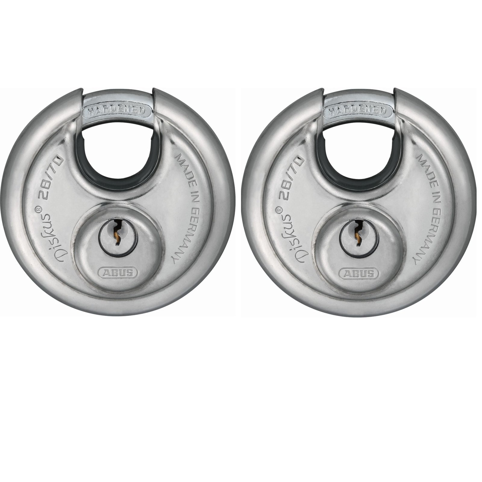 Abus 28/70 KAx2 Diskus Lock Keyed Alike in Set-of-2 Hardened Steel Disk Padlocks - The Lock Source