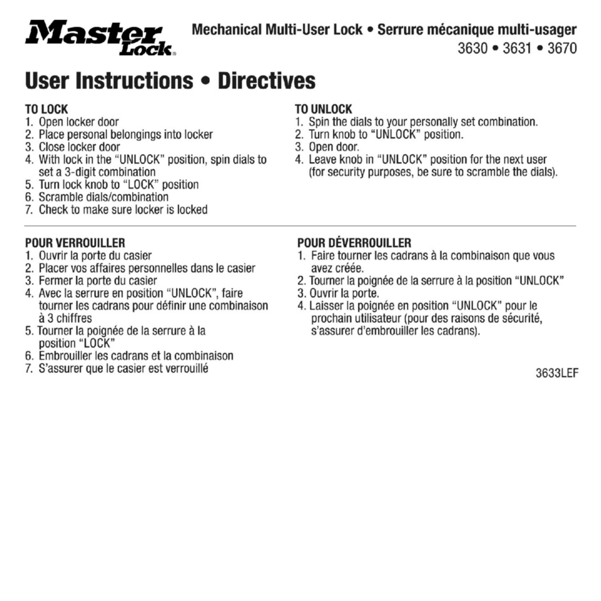 Master Lock 3634 User Instruction Stickers for Nos. 3630 &amp; 3670 Series Locks