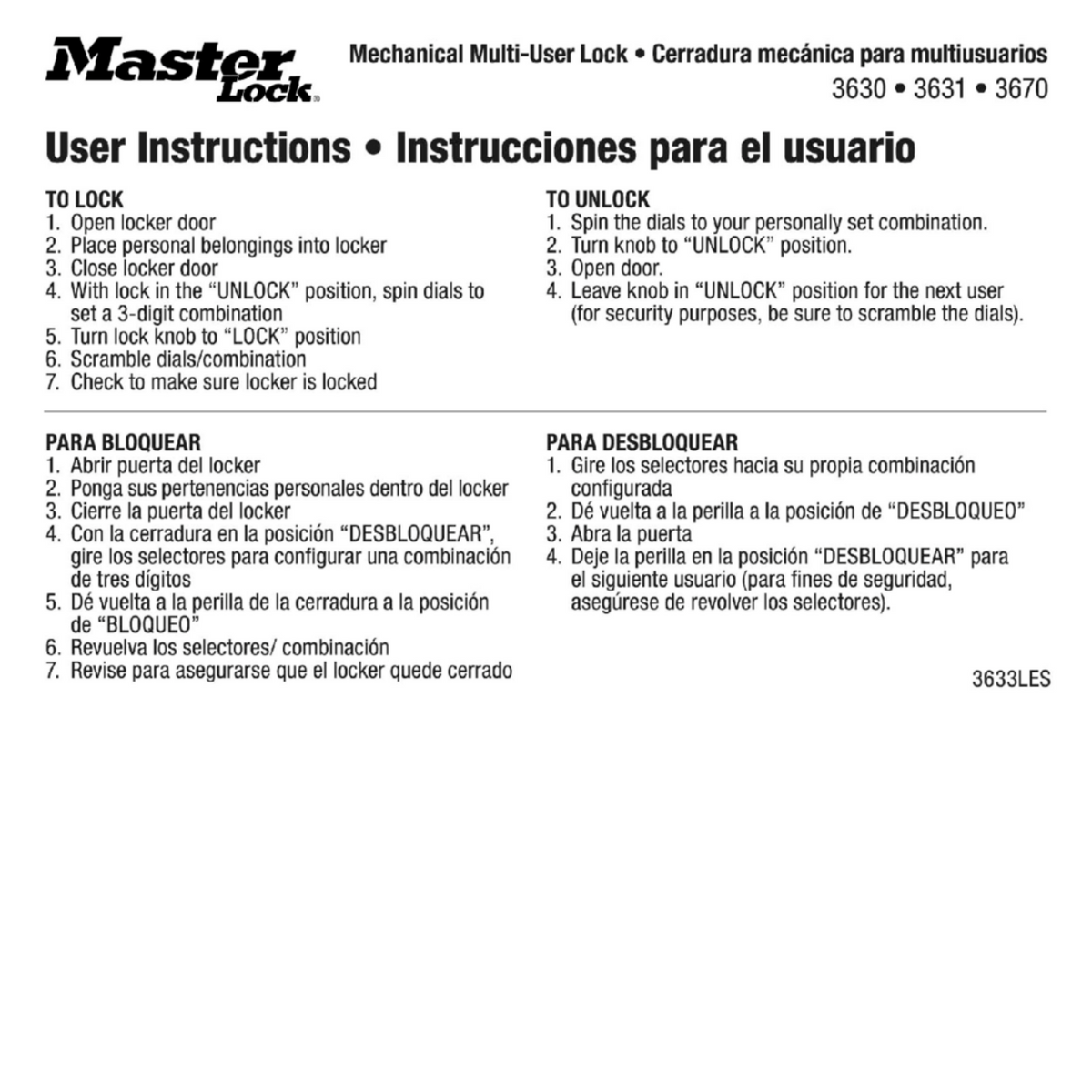 Master Lock 3634 User Instruction Stickers for Nos. 3630 &amp; 3670 Series Locks