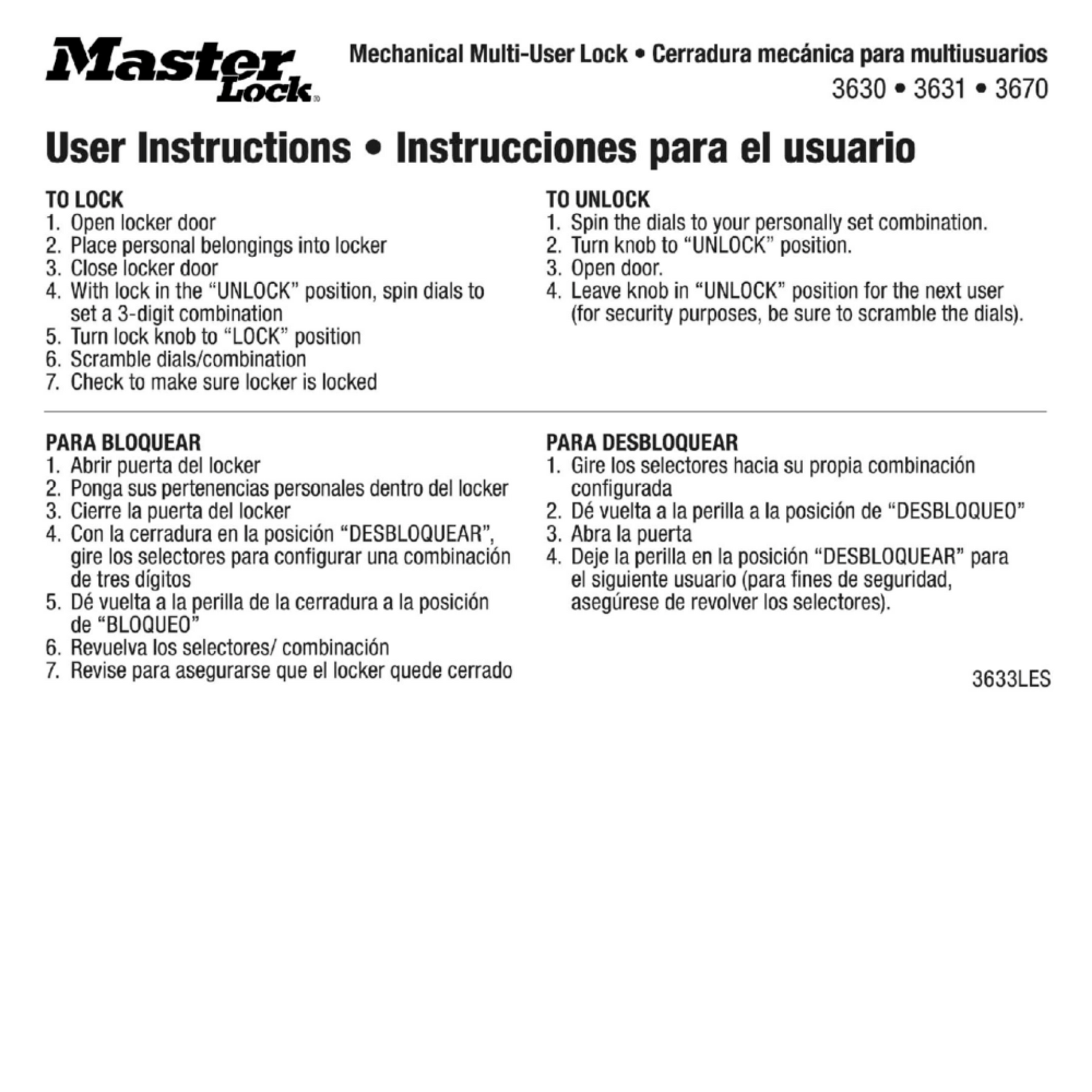 Master Lock 3634 User Instruction Stickers for Nos. 3630 & 3670 Series Locks