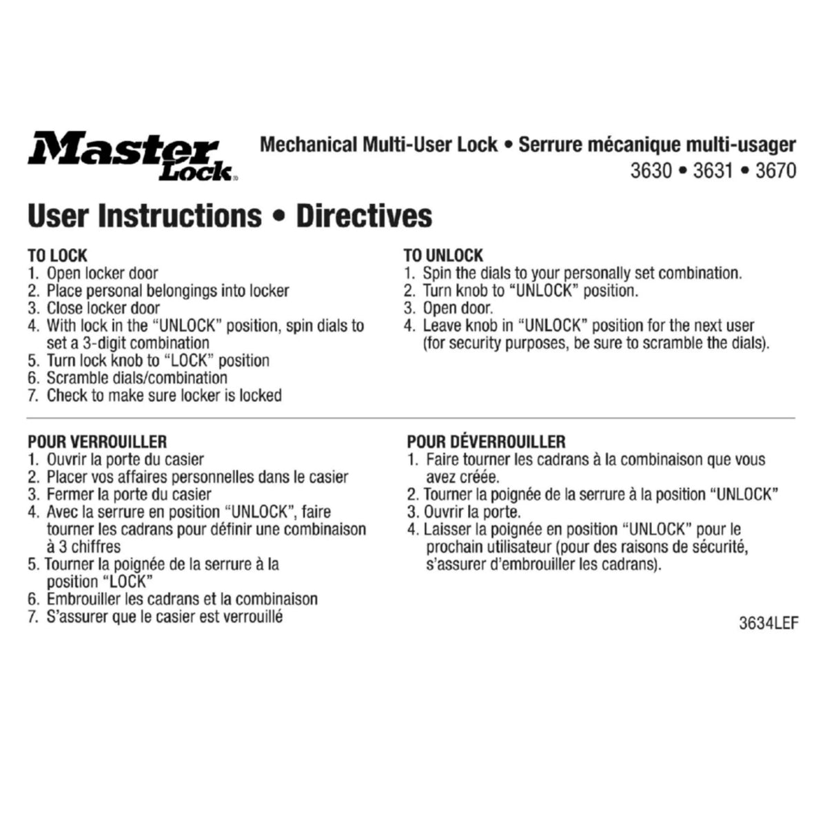 Master Lock 3634 User Instruction Stickers for Nos. 3630 &amp; 3670 Series Locks - The Lock Source
